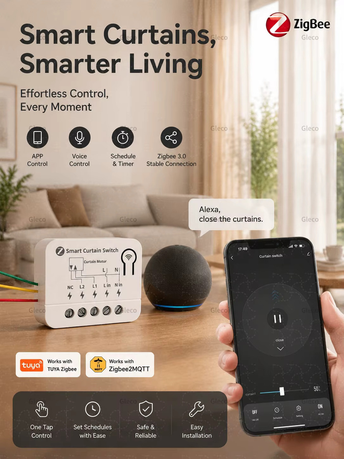 Tuya ZigBee Smart Vorhangschalter-Modul für Rolladen-Motoren in Weiß, kompatibel mit Tuya, Alexa und Google Home - Bild 6