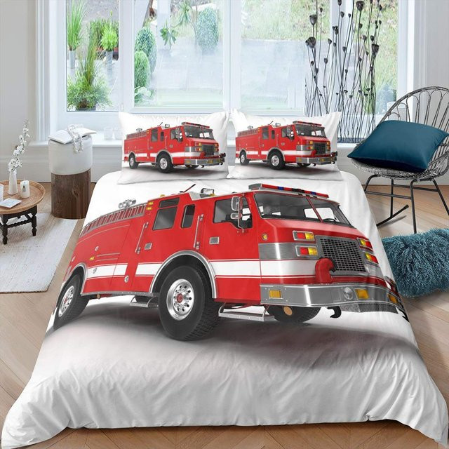 Bettwäsche-Set mit Feuerwehrauto-Muster für Kinder von Binchi Outdoor Product, Farbe Rot, King-Size, Breite: 264 cm, Höhe: 228 cm - Bild 1