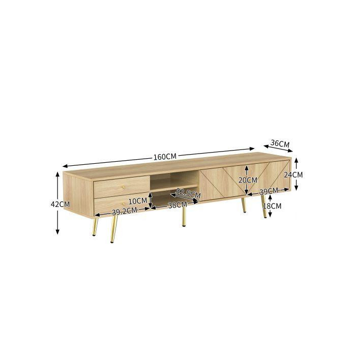 MUVOE TV-Schrank in Holzoptik mit goldenen Füßen, zwei Schubladen und Rillen-Design, Breite: 160 cm, Farben: Braun, Beige und Gold - Bild 2
