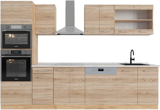 Vicco R-Line Küchenzeile Sonoma Eiche mit Hochschrank und Marmor-Arbeitsplatte Breite: 300 cm - Bild 1