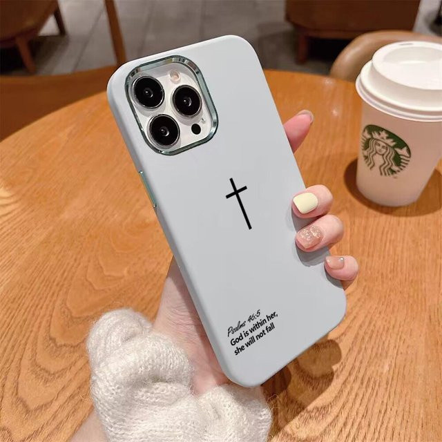 Christliche Handyhülle mit Psalm 46:5 Kreuz und Litschi Muster für Apple iPhone Modelle in Weiß - Bild 1