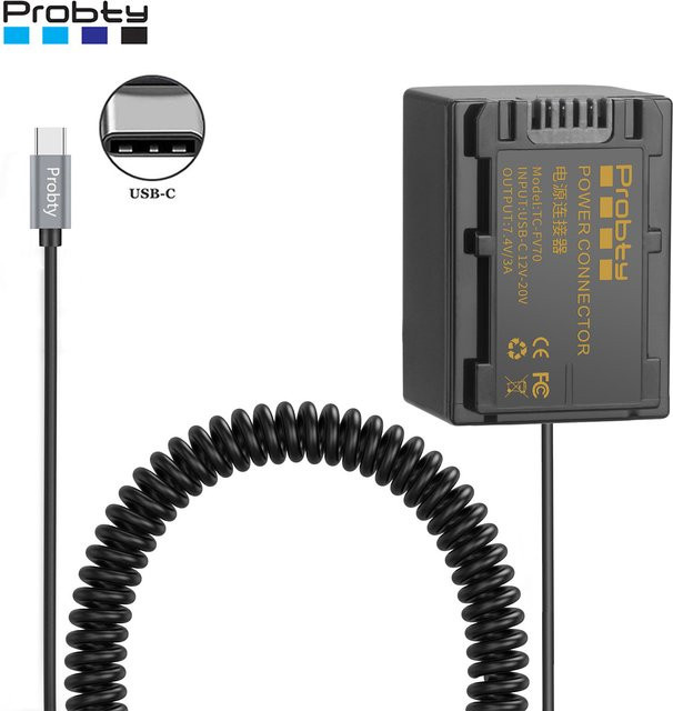 Sony USB-C Dummy-Akku Power Adapter mit Spiralkabel für Sony DVD SR HC Kameras, Licht und Monitore, Schwarz - Bild 1