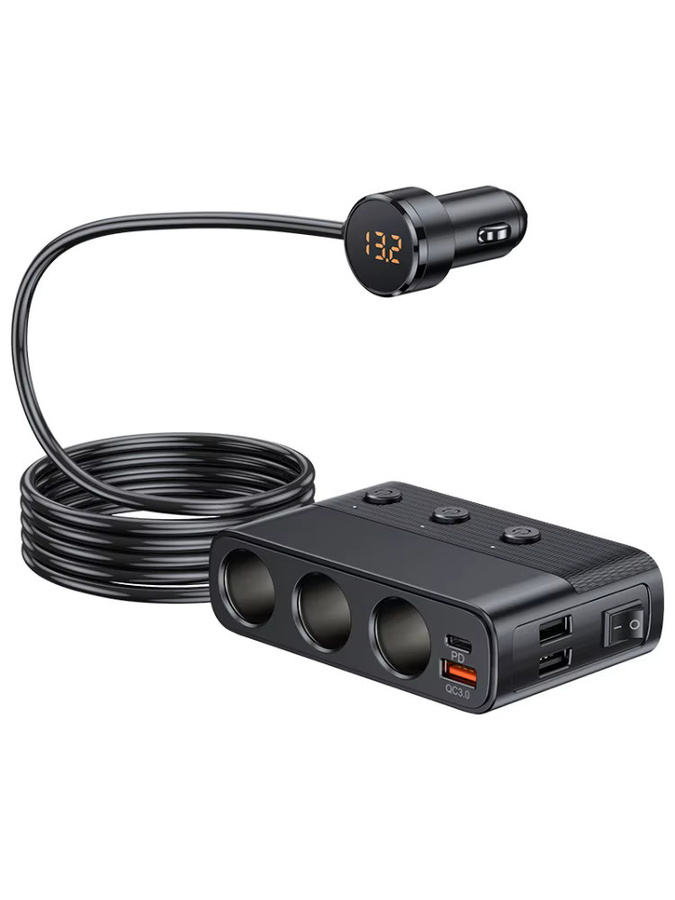 BIEPU Autoladegerät mit 3 Steckdosen und 3 Schaltern, 128 W Zigarettenanzünder-Splitter in Schwarz mit Schnellladung 3.0, PD und 2 USB Anschlüssen für 12 V/24 V - Bild 7
