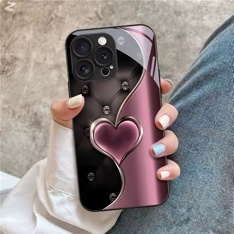 Stoßfeste Handyhülle aus gehärtetem Glas mit rosa Herzchen-Muster für Samsung Galaxy S26 S25 S24 S23 Ultra Plus FE in Schwarz - Bild 2