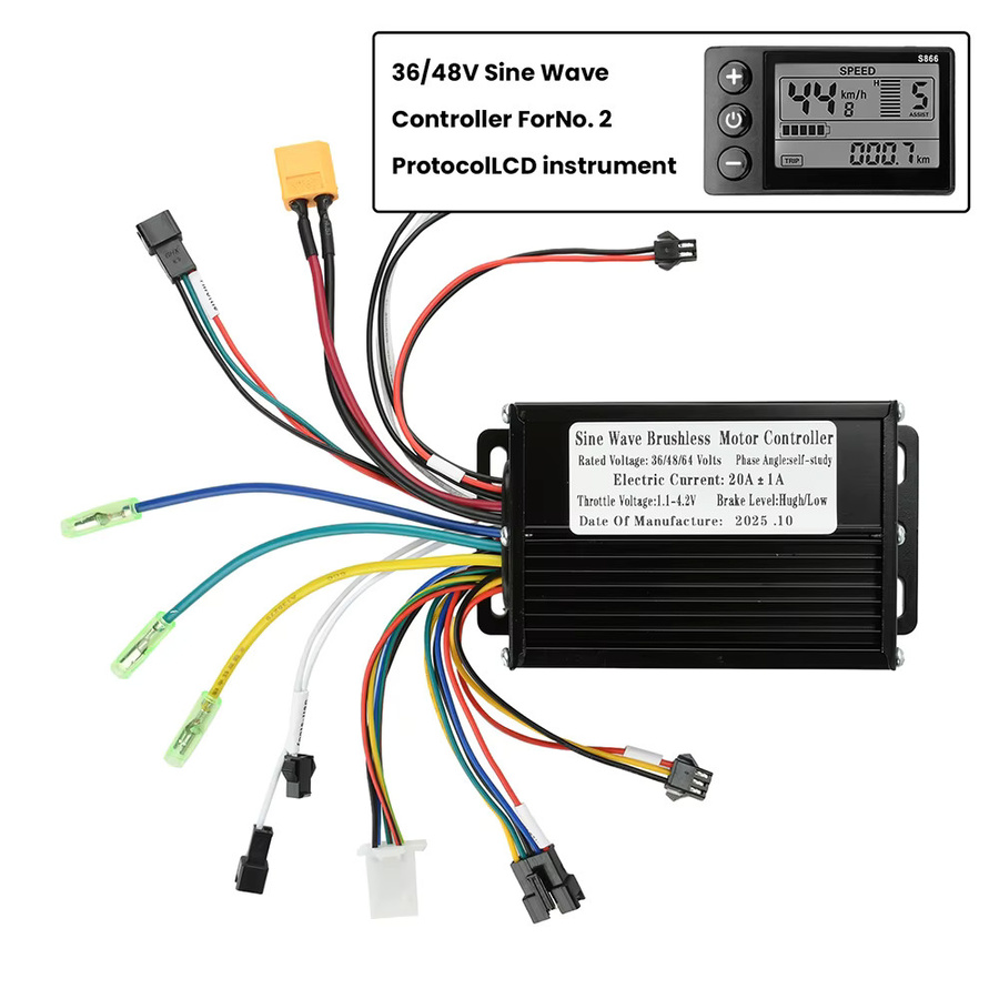 Gaqqee Bürstenloser Motorcontroller für Elektrofahrräder, Sinuswelle, 36V/48V, 350W-500W, 20A, Schwarz, kompatibel mit SM-Anschlüssen und Protokoll 2 LCD-Instrumenten - Bild 5