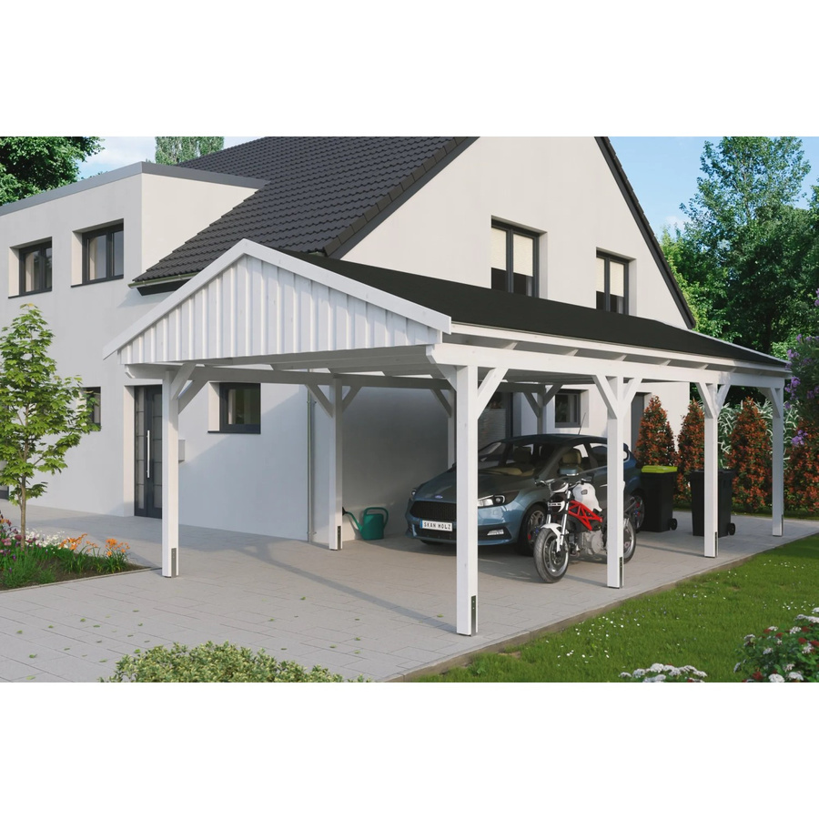 Skan Holz Carport Fichtelberg aus Fichte Leimholz in Weiß mit spitzer Dachform und Dachschindeln B/T: 423 x 808 cm, Höhe: 326 cm - Bild 2
