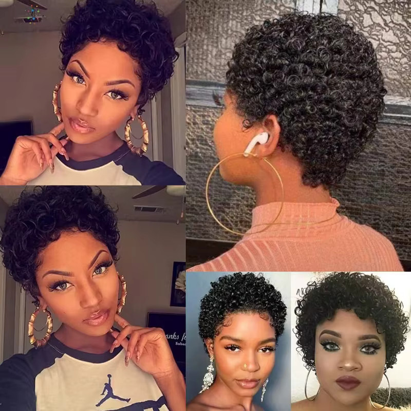 HJ WEAVE BEAUTY Pixie Cut Perücke, kurze Bob Perücke, lockiges Echthaar, Wasserwelle, Damen - Bild 5