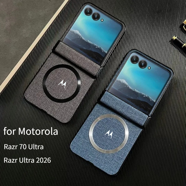 Luxuriöse Slim Magnet Hülle aus gewebtem Leder für Motorola Moto Razr mit Scharnierschutz in Blau - Bild 1