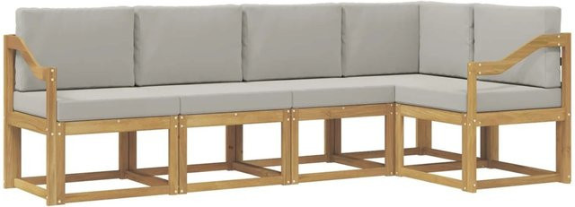 vidaXL Outdoor-Sofagarnitur in L-Form aus Akazienholz mit Kissen, 5-teilig, Weiß-Hellgrau - Bild 1