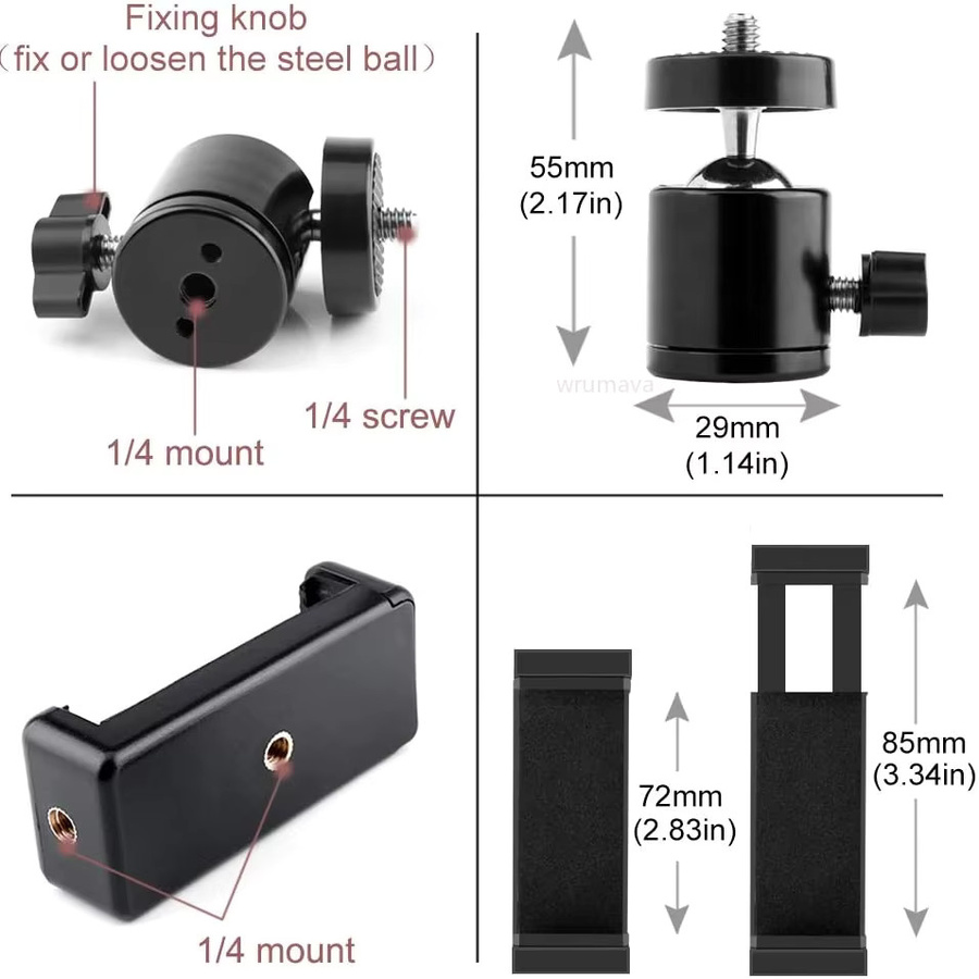 Wrumava Universal Handyhalterung mit Kugelkopf Adapter und Clip für Stativ und Selfie-Stick in Schwarz - Bild 5