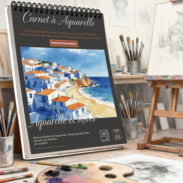 Spiralgebundenes Kunstskizzenbuch A5 mit schwarzem Hardcover und Aufdruck Küstiges griechisches Dorf, 100 GSM säurefreies Papier, blanko Seiten - Bild 1