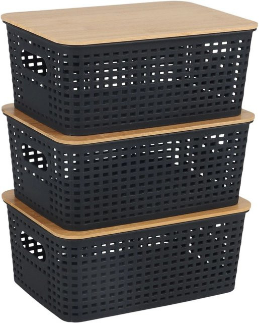 Relaxdays Aufbewahrungsbox aus Kunststoff und Bambus in Schwarz, 3er-Pack, perforiert, B/T/H: 25,5 x 10,5 x 18 cm - Bild 1