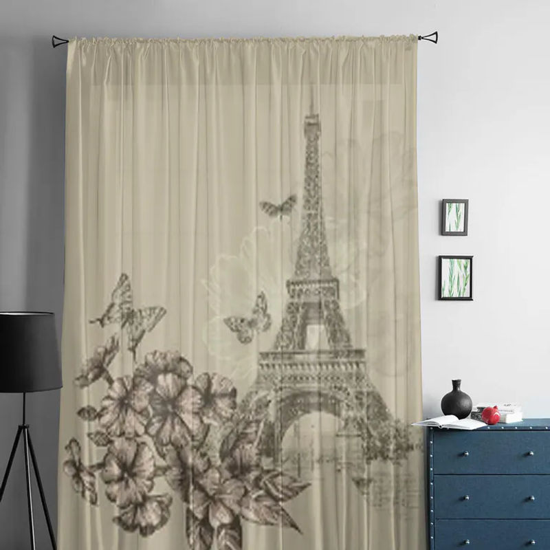 Super Six Transparenter Tüll-Vorhang mit Vintage Eiffelturm und Phlox-Blütenmuster in Beige, Breite: 135 cm, Höhe: 114 cm - Bild 3