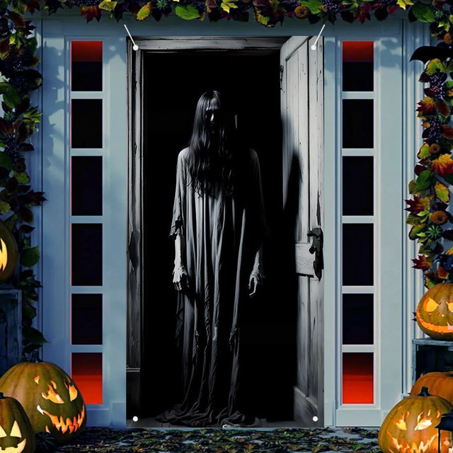 VIKAMA Halloween Türbanner Geist Dekoration für innen und außen, Weiß, B/H: 90 x 180 cm - Bild 1