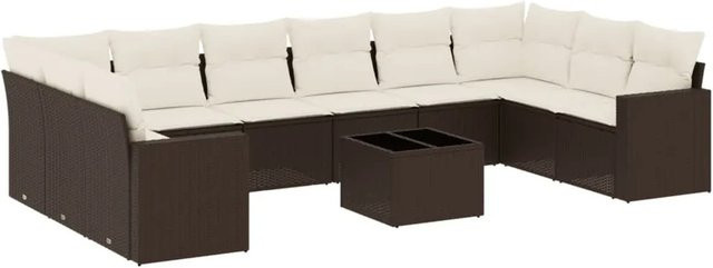 vidaXL 11-tlg. Garten-Sofagarnitur in L-Form aus braunem Poly-Rattan mit Kissen und Metallrahmen - Bild 1