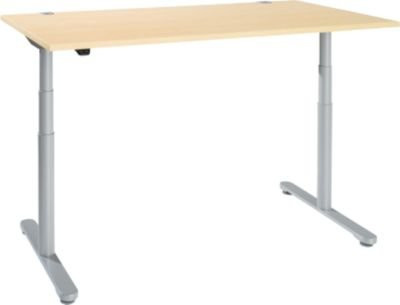 Elektrisch höhenverstellbarer Schreibtisch SCHÄFER mit T-Fuß, Ahorn und Weißaluminium, B: 160 cm, T: 80 cm, H: 63,4-129,4 cm - Bild 1