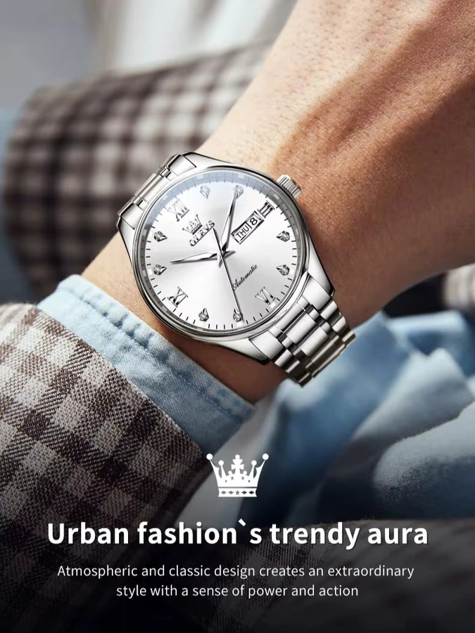 OLEVS Armbanduhr, Automatik, Edelstahl, Herren, Doppelkalender, Wasserdicht - Bild 6