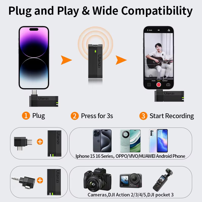 Ulanzi A100 Wireless Lavalier Mikrofon für Smartphone und Kamera in Schwarz - Bild 2
