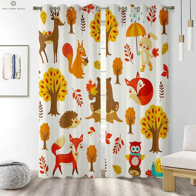 Waldtierpflege Cartoon-Aufdruck Vorhänge für Kinderzimmer und Schlafzimmer, 2er-Set, halbtransparent, Mehrfarbig, B: 50 cm, H: 130 cm - Bild 1