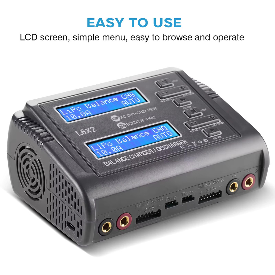 HTRC L6X2 Zweikanal Akkuladegerät 150W AC 240W DC in Schwarz für 1-6S Li-Ion LiFe NiCd NiMH LiHV PB Smart Akkus - Bild 4