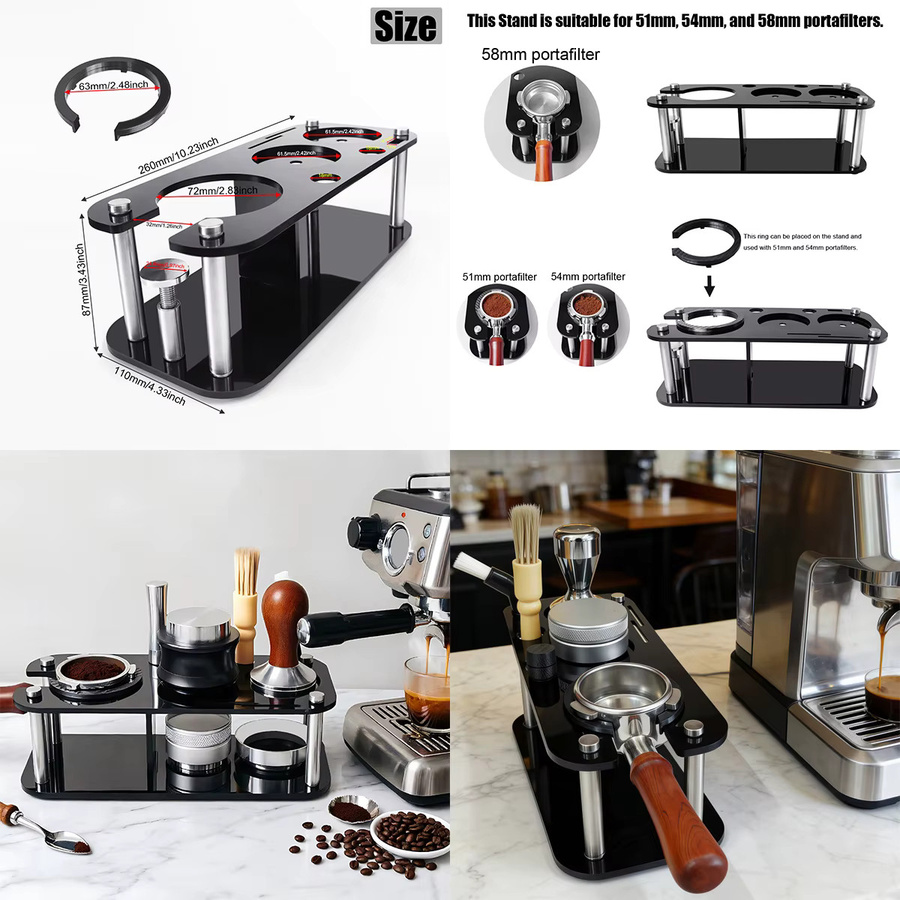 XINGZHAOHOME Siebträger und Tamper Ständer in Schwarz für 51mm, 53mm und 58mm mit doppelschichtiger Aufbewahrung für Espresso-Tamper und Verteiler - Bild 4
