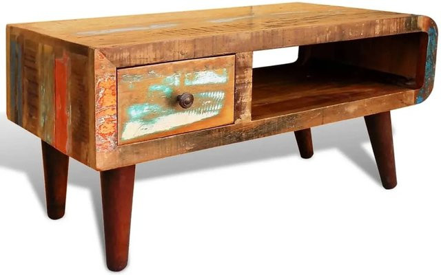 vidaXL Couchtisch aus Massivholz in Altholz-Optik mit abgerundeter Seite und 1 Schublade, braun/mehrfarbig, B/T/H: 45 x 45 x 45 cm - Bild 1