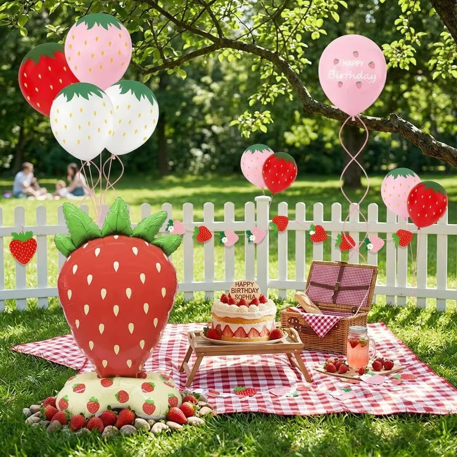 EsenTroye Erdbeer-Geburtstagsdekorationsset für Mädchen zum 1. Geburtstag mit Folienballons, Banner und Tortendekoration in Rot und Floral-Design - Bild 4