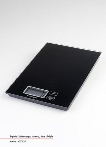Digitale Küchenwaage Justinus in Schwarz mit Glasoberfläche und Digitalanzeige, B/T/H: 23,0 x 23,0 x 1,65 cm - Bild 1