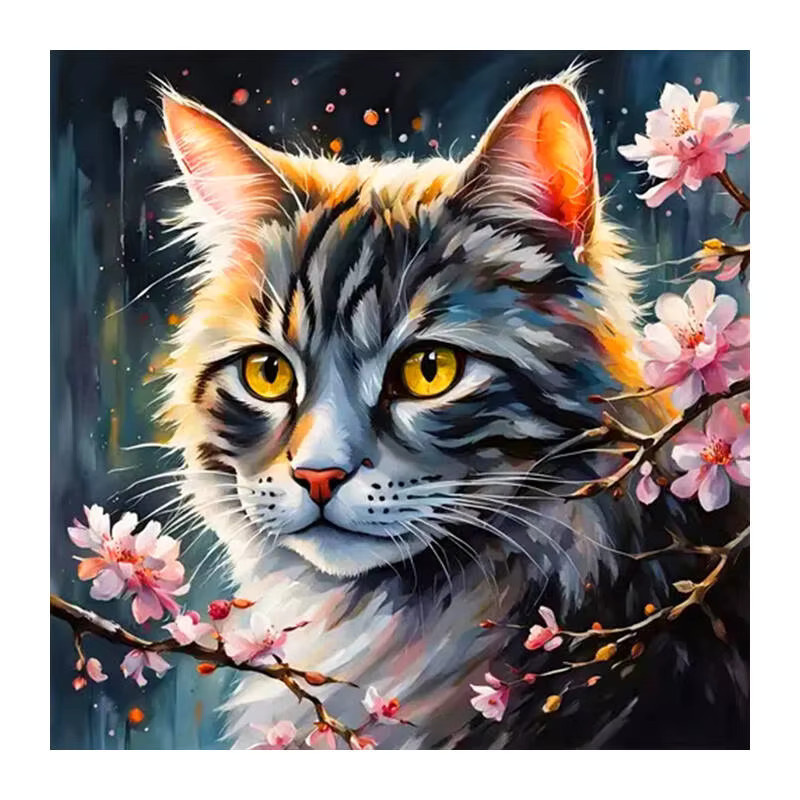 Huacan Diamantgemälde Katze mit Pflaumenblüten als Wanddekoration, Mehrfarbig, B/H: 20 x 20 cm - Bild 4