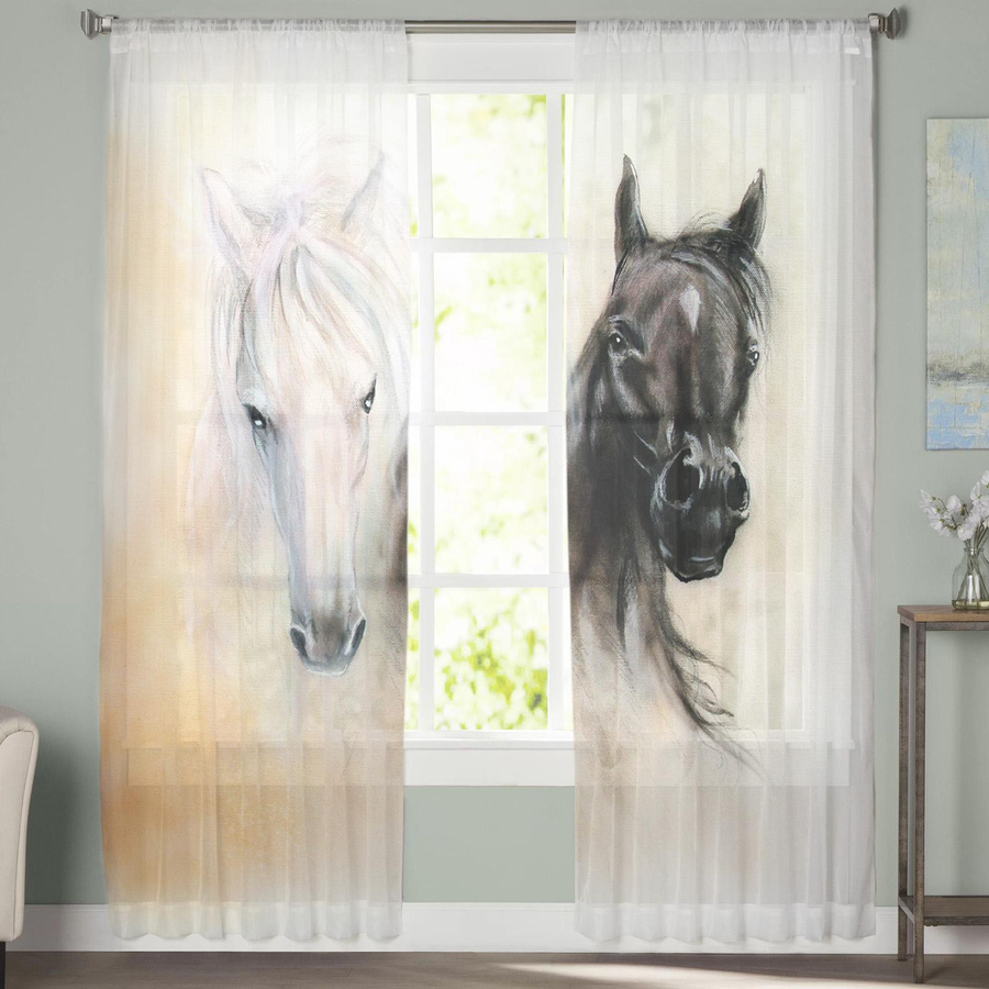 Transparenter Voile-Hängevorhang mit Schwarz-weißem Pferd im Aquarell-Design, Tüll-Fenstervorhang mit Ösen, Breite: 100 cm, Höhe: 250 cm - Bild 1