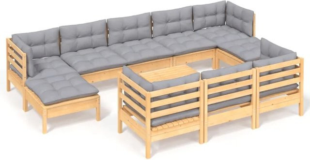 vidaXL 11-tlg. Garten-Lounge-Set aus massivem Kiefernholz in Braun-Grau mit grauen Polstern und Kissen in U-Form - Bild 1