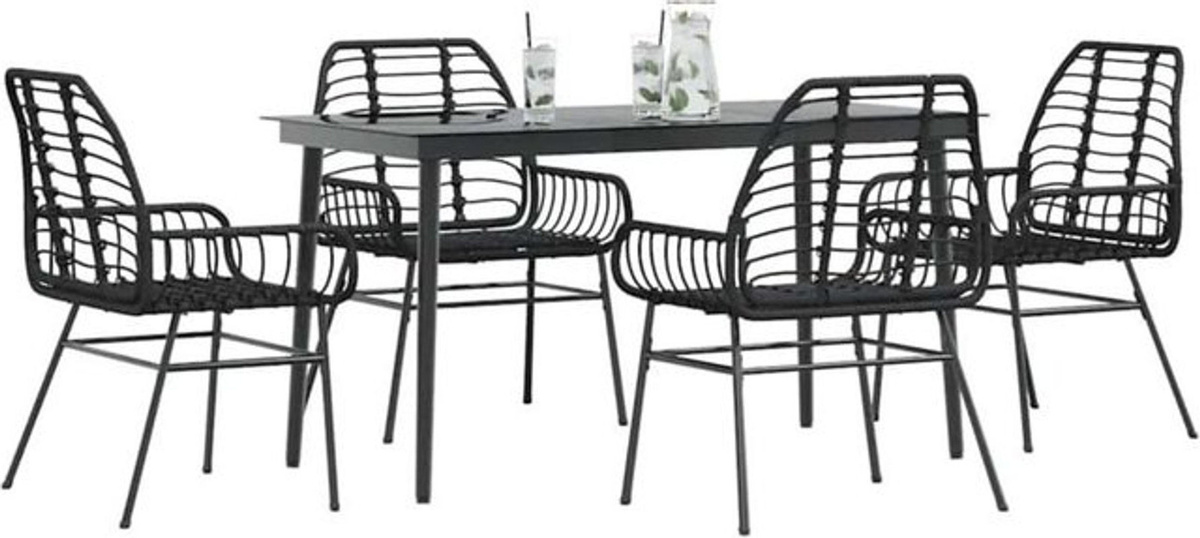 5-teiliges modernes Garten-Esszimmerset aus schwarzem Polyrattan und Glas von vidaxl, B/T/H: 140 x 70 x 70 cm - Bild 1