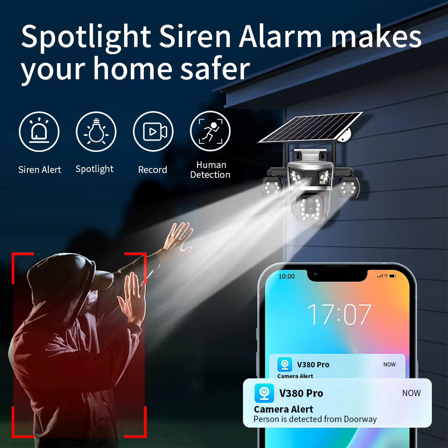 AOV Solarbetriebene 16MP 4G Kamera mit 4 Objektiven und CCTV-Monitor, Wasserdicht, Akku, 24-Stunden-Aufnahme, V380 - Bild 5