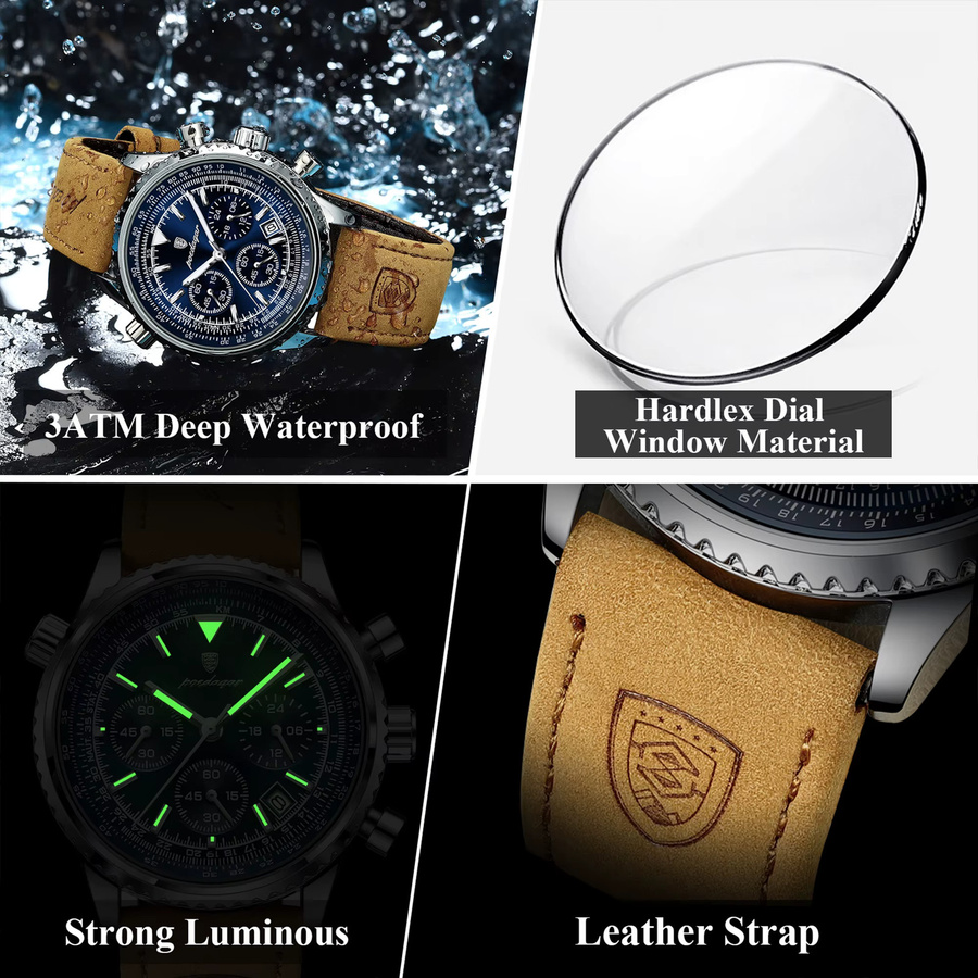 POEDAGAR Chronograph, Quarz, Leder, Blau, Herren - Bild 4