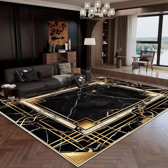 Modernes Karpetti Wohnzimmer Teppich in Schwarz Gold, Waschbar und Rutschfest, B x T: 160 x 200 cm - Bild 1