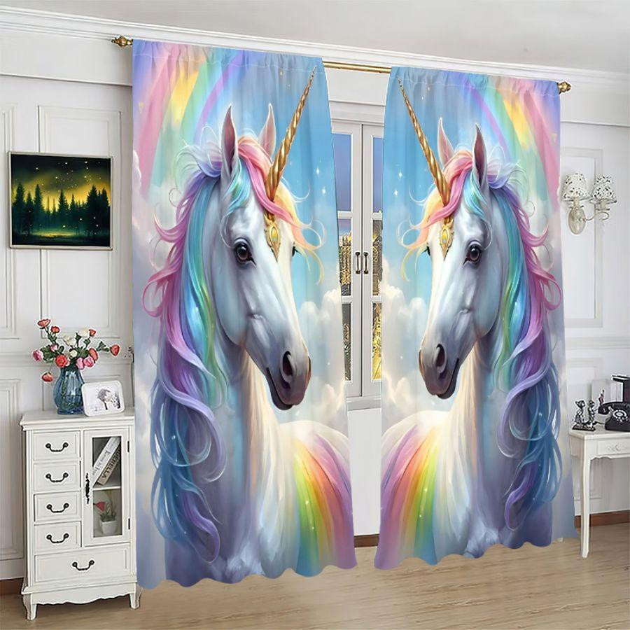 2er-Set Yiran Furniture Einhorn Vorhänge aus Polyester in Regenbogenfarben, halbtransparent mit Stangentaschen, Breite: 35 cm, Höhe: 100 cm - Bild 2