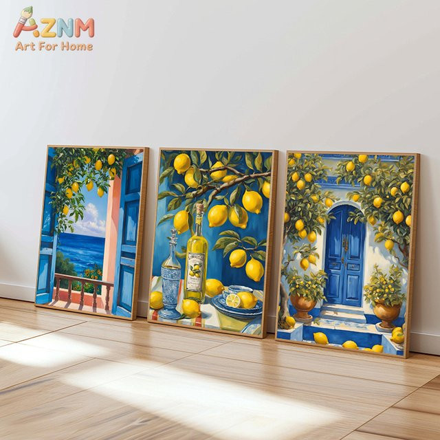 AZNM 3er-Set Leinwand-Wandkunst Mediterraner Zitronenbaum mit blauer Tür und Zitrusfrüchten in Blau und Multicolour - Bild 1