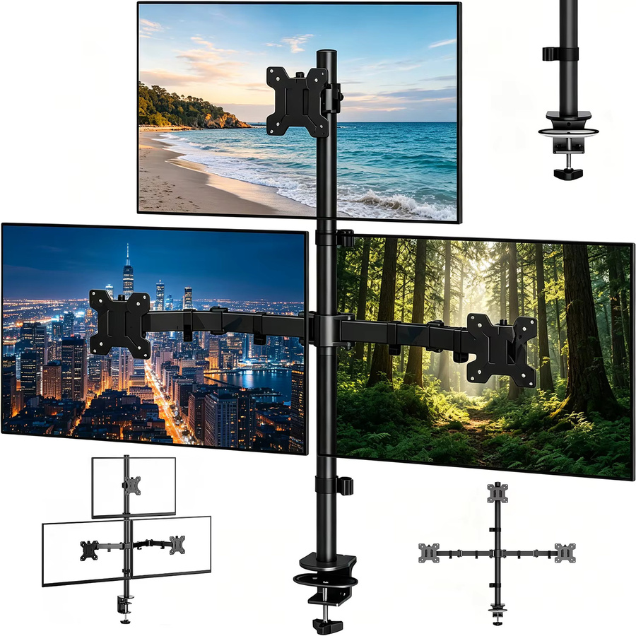 Dreifach-Monitorständer für 3 Bildschirme 10-32 Zoll in Schwarz, höhen- und winkelverstellbar, VESA 75x75/100x100mm, für Flach- und Curved-Monitore bis 10kg pro Bildschirm - Bild 2