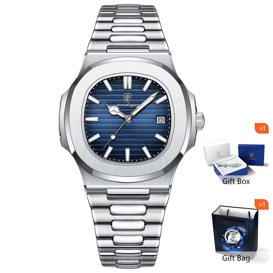 POEDAGAR Armbanduhr Edelstahl, Quarz, Eckig, Blau, Herren - Bild 6