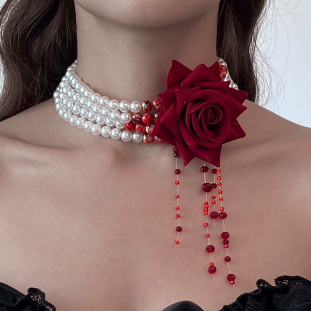 Ingemark Halskette, Rose Blume, Imitation Perle, roter Kristall, Damen - Bild 1