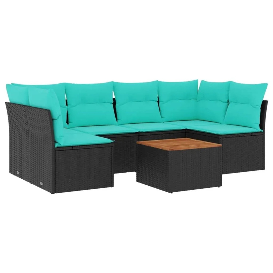 vidaXL 7-teilige Garten-Sofagarnitur aus Polyrattan mit Kissen in Schwarz und Blau/Türkis - Bild 2