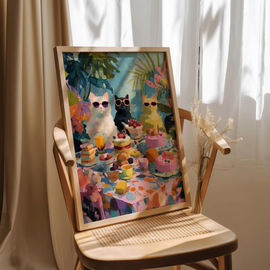Lustiger Katzen-Wandkunstdruck von SHENCHEN mit drei Katzen in Sonnenbrillen am Frühstückstisch, farbenfrohes Tiergemälde als Paper Poster in Multicolour - Bild 4