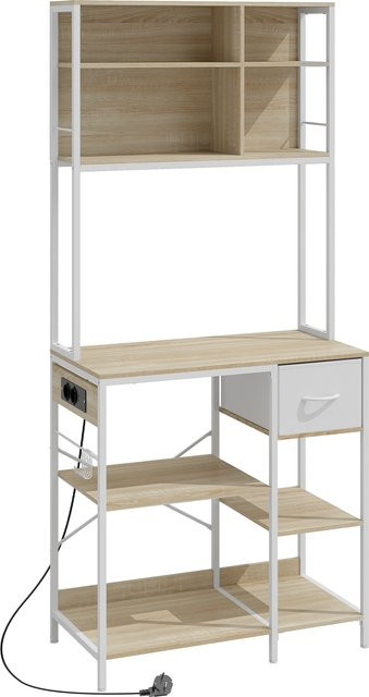 HOMCOM Küchenregal in Eiche mit Steckdosen, USB und integrierter Beleuchtung, Beistellregal für Mikrowelle mit 8 Ablagen, 6 Haken und Stoffschublade, B/T/H: 80 x 40 x 181 cm, Aosom - Bild 1
