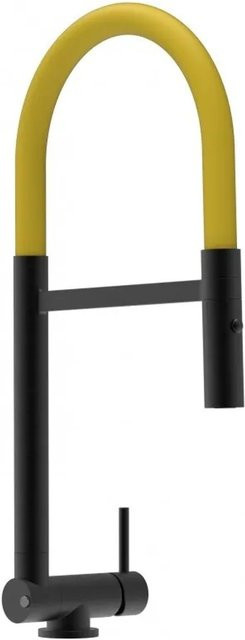 VIZIO Küchenarmatur für Vorfenster mit 360 Grad schwenkbarem Auslauf und abnehmbarer 2-Strahl Handbrause, Schwarz Matt und Gelb, Höhe: 45 cm - Bild 1