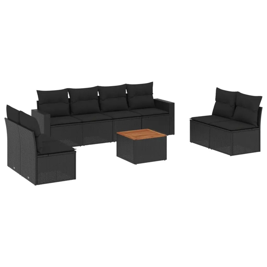 vidaXL 9-teilige Garten-Sofagarnitur aus Poly-Rattan und Akazienholz in Schwarz mit Kissen - Bild 2
