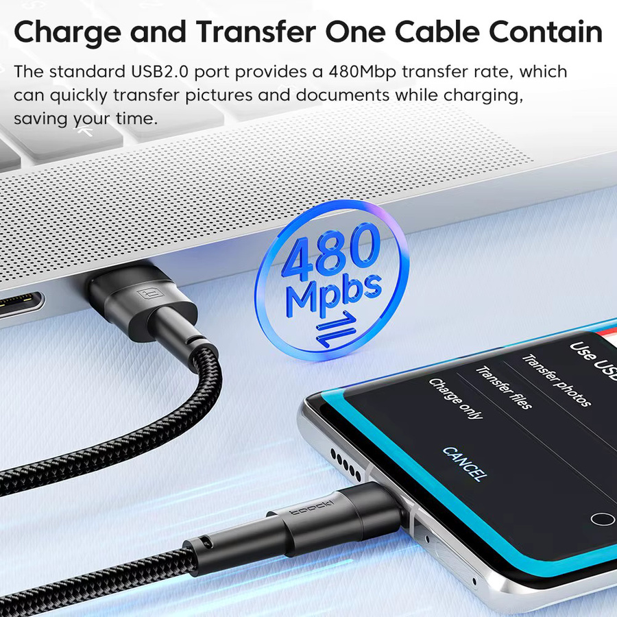 Toocki 2er-Set USB Typ C Schnellladekabel 3A mit USB-A auf USB-C Anschluss in Schwarz, Länge: 1m und 2m - Bild 2
