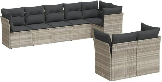 vidaXL 8-tlg Garten-Sofagarnitur in L-Form mit Kissen, Hellgrau, Poly Rattan und Metallrahmen - Bild 1