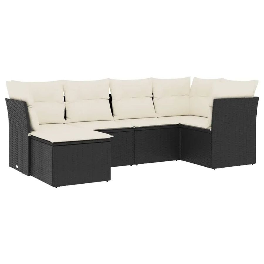 vidaXL 6-teilige Garten-Sofagarnitur in L-Form aus Polyrattan mit Kissen und Ottoman, Schwarz - Bild 2