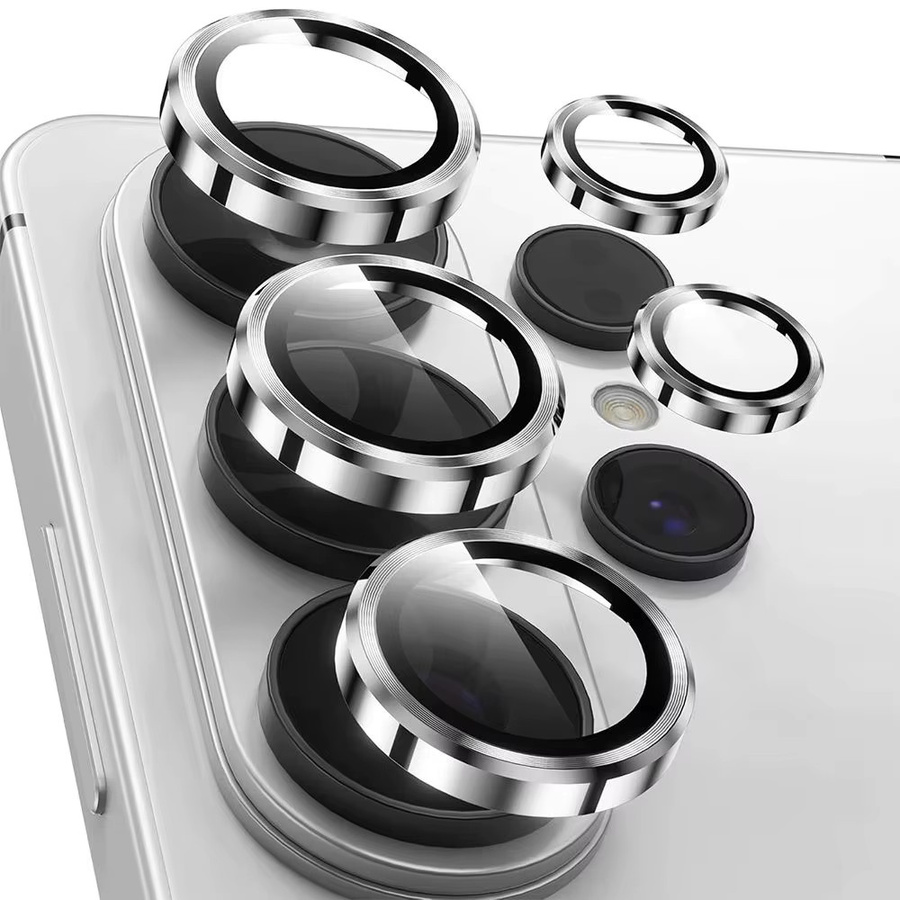 Samsung Galaxy S23 S24 S25 S26 Ultra Plus Kameraschutz aus gehärtetem Glas mit Metallrahmen in Silber und Lila - Bild 1