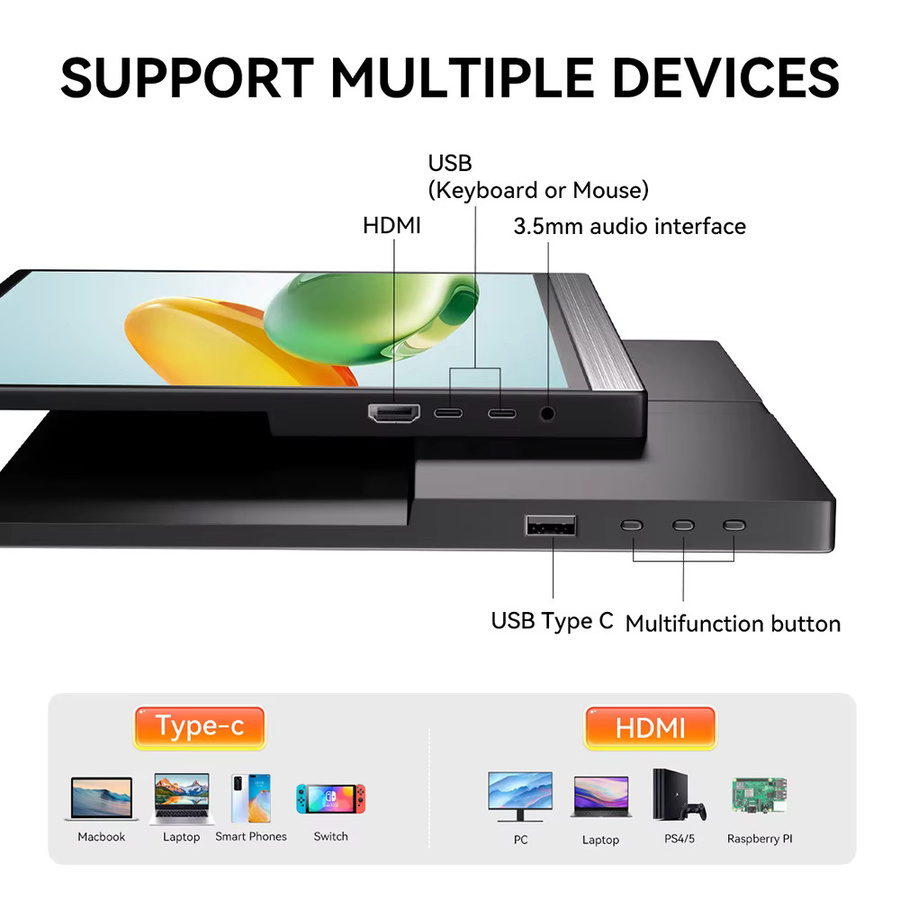 Pisichen Tragbarer Touch-Monitor mit IPS-Display und Lautsprechern, 1920x1200 Full HD, USB-C und HDMI, Schwarz - Bild 2